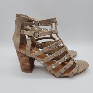 Bcbgeneration Chasta Strappy Sandals Size 9.5M Tan Block Heel Caged Studded
